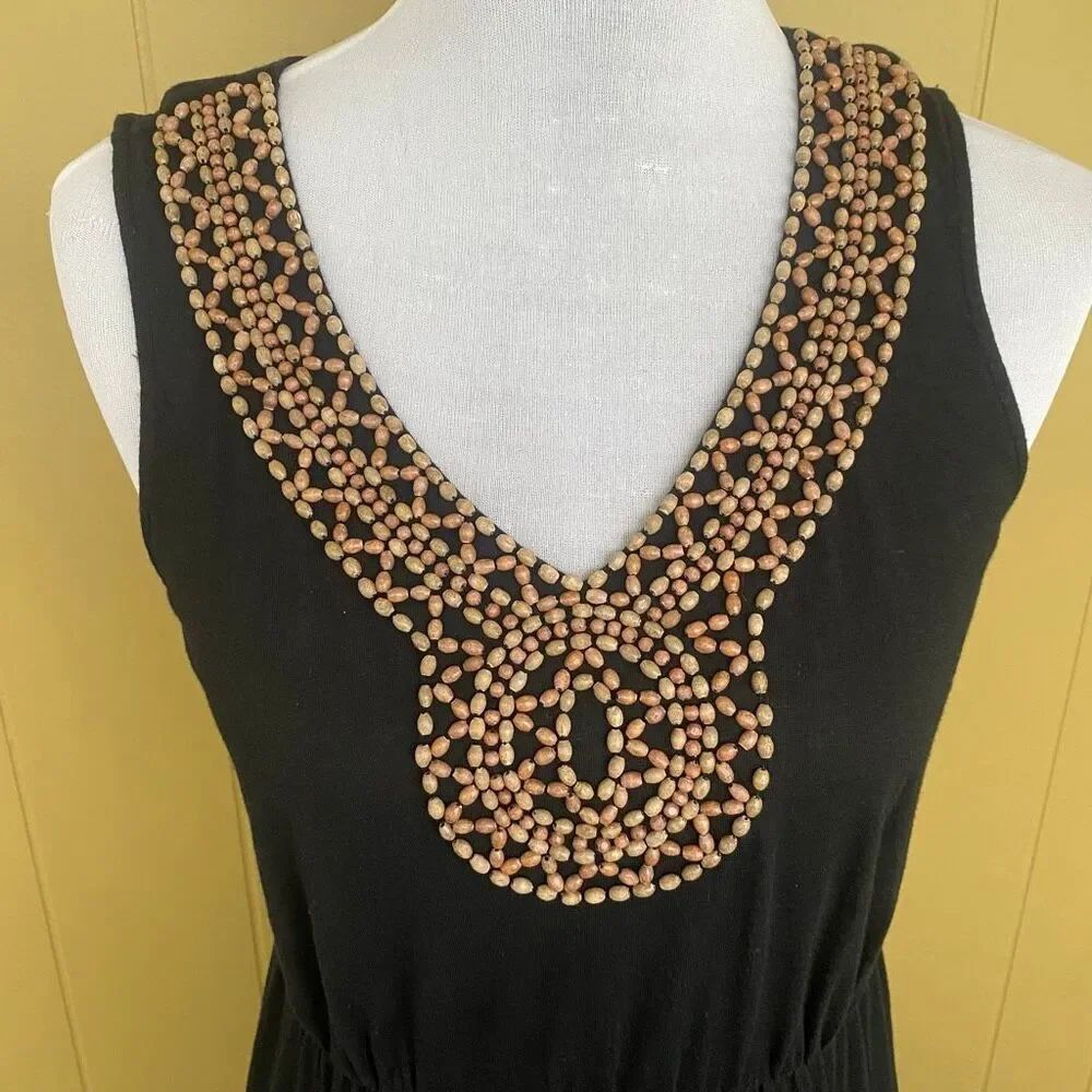 Sonoma women M cotton blend v-cut maxi dress w/wooden beading & side slits black - Picture 3 of 10